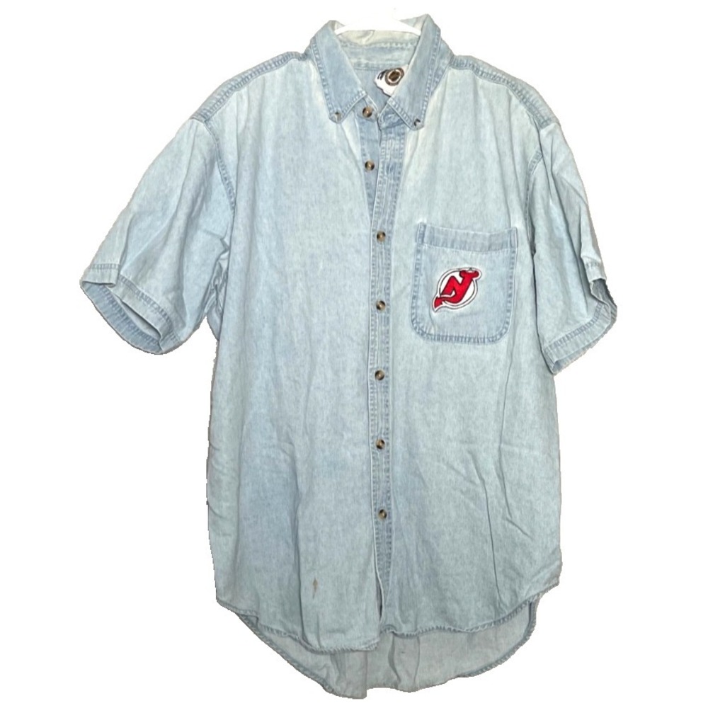 VTG Pro Edge NHL Button‎ Up Shirt Men's Size Large Blue Denim New Jersey Devil's